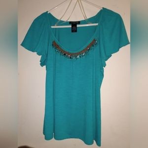 Womens Short Sleeve Beaded/Rhinestone Top